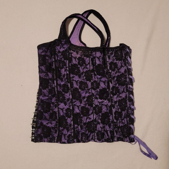 Vintage Tripp Nyc Corset Floral Lace-up Hook Purple & Black XXL - Picture 10 of 11